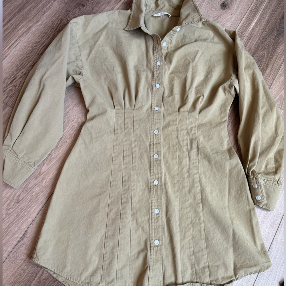 Wayf Libby Shirt Dress Khaki Tan Bloomingdale’s Cotton Lyocell Long Sleeve MED - Picture 3 of 11